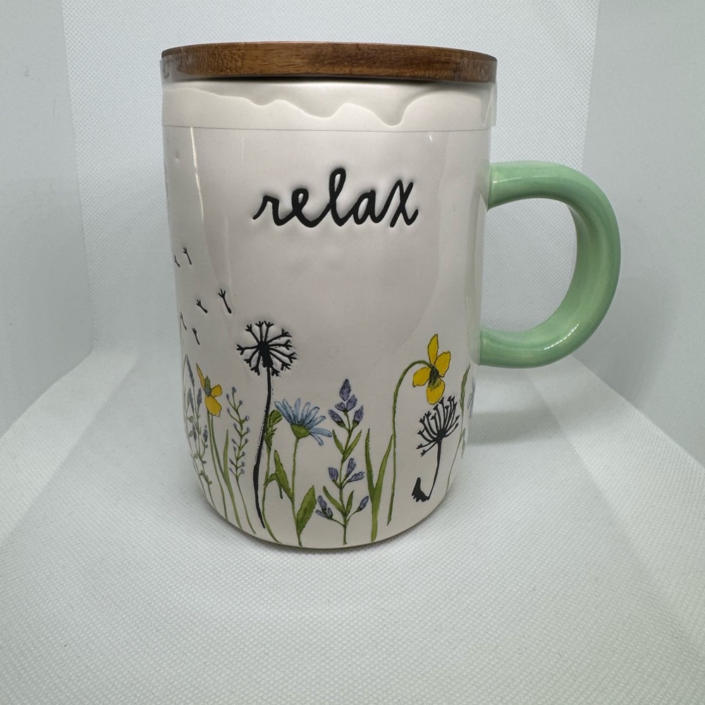 Rae Dunn Floral Relax Mug with Wooden coaster Lid